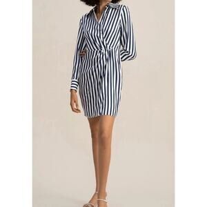 Lilysilk Dress Womens 4 Blue White Stripe 100% Mulberry Silk Wrap Shirtdress NWT